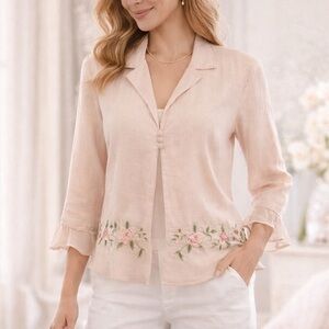 Samantha Rose Peach Linen Blend Floral Embroidered Feminine Coquette Top Sz. 14.